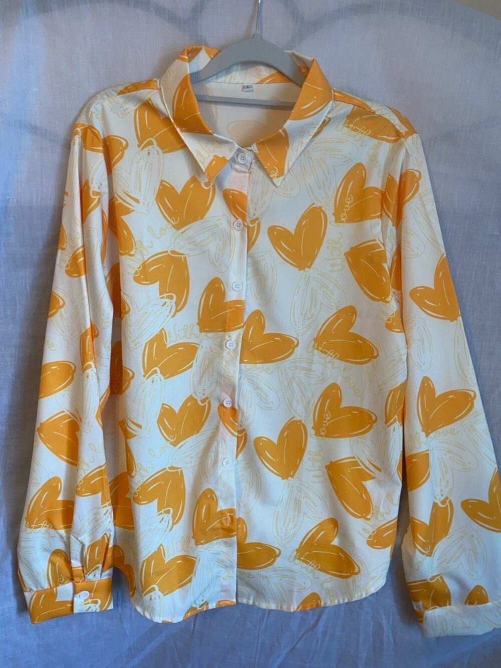 Vibrant White/Yellow/Orange Heart Print Button-Up Blouse - L